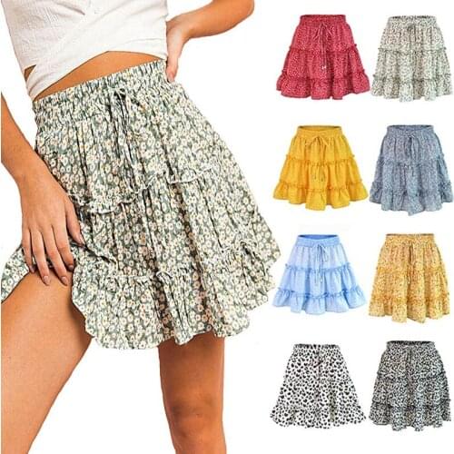 2020 Summer Skirt Womens High Waist Ruffled Floral Skirt Printed Beach A-line Skirt