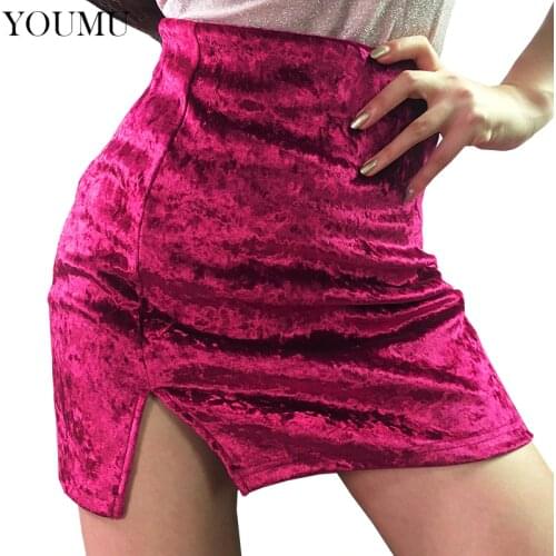 Women Velvet Skinny A-Line Skirts Office Lady Rose Red Solid Empire Waist Mini Skirts Open Fork Streetwear Fashion 200-A583