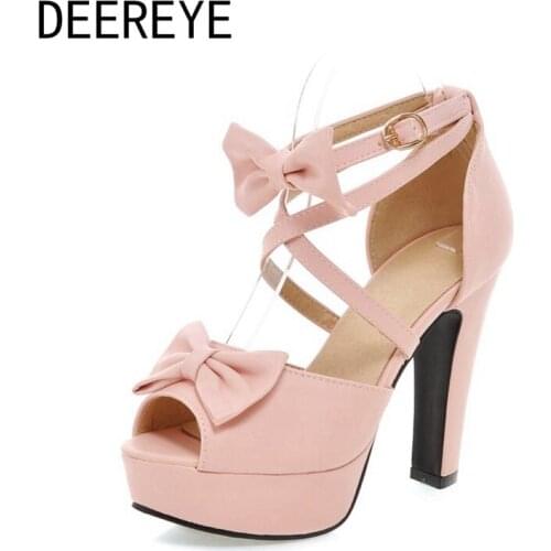 Womens Butterfly Sandals Ankle Bowknot Chunky Heels 11.5cm Two Cross Strap Platform Fish Mouth Princess Cute Shoes For Cosplay