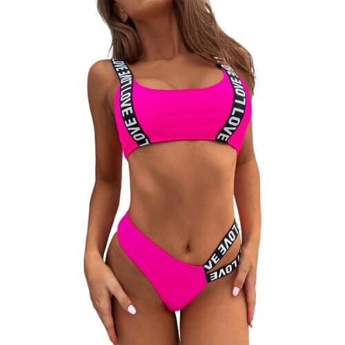 Women’s Sexy Two Piece Bikini Suits Fashion Letter Webbing Suspender Tops and Hollow Mid-waist Thong Swimwear
