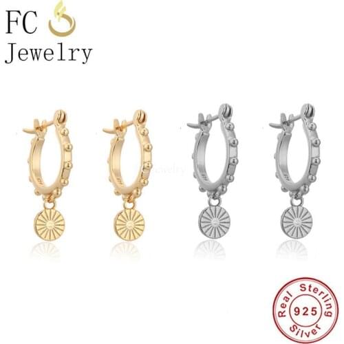 100% 925 Sterling Silver Punk Rivet Sun Sunshine Sunrise Beaded Huggies Piercing Hoop Earrings Brinco Pendientes For Women 2021