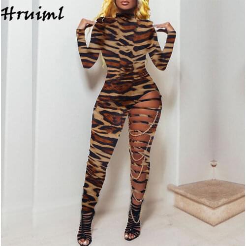 Fashion Leopard Print One Piece Jumpsuit Women Autumn Long Sleeve Plus Size Bodysuit Sexy Hollow Out Rompers Clubwear No Chain