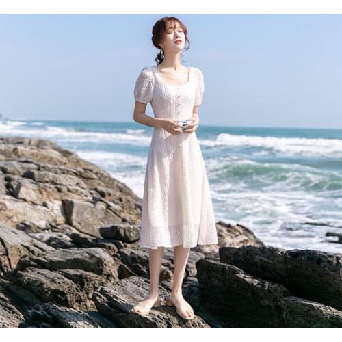Bella Philosophy New Summer Solid Women Elegant White Dress Ladies High Waist Square Collar Dresses Female White A-line Vestidos