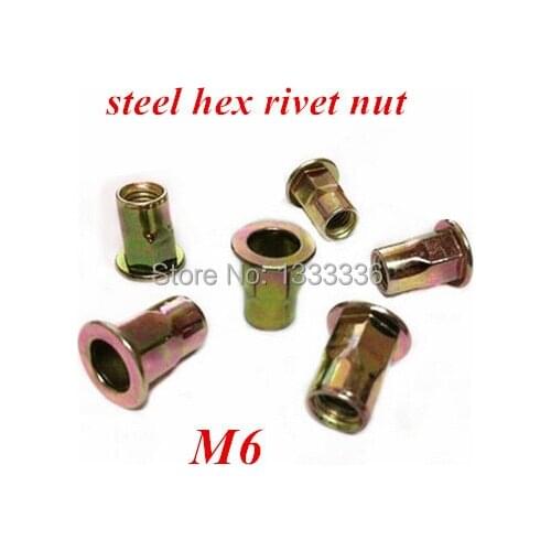 200PCS M6*15 Length Flat Hex Rivet Nut Rivnut Insert Nutsert Countersunk Head column Nut steel with yellow zinc plated