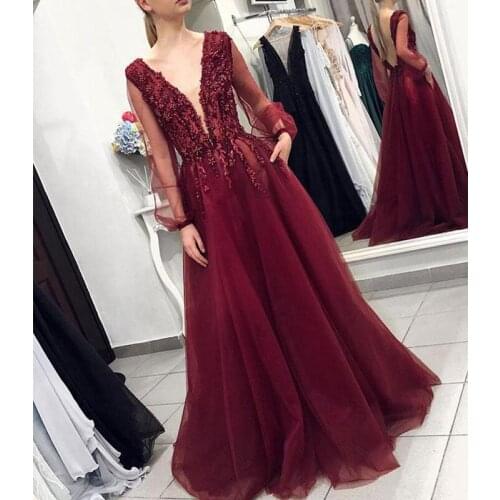 Glitter Evening Dresses Pearls Burgundy A line Party Red Carpet Celebrity Dresses African V neck Long Sleeves Formal Prom Dress