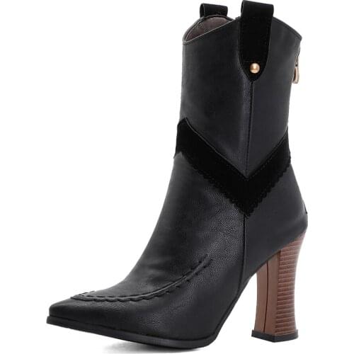 Super Big Size Pointed Toe Super High Thick Heel Army Green Rivet Mid-Calf Boots PU Suture V-Shaped Belt Children Boots