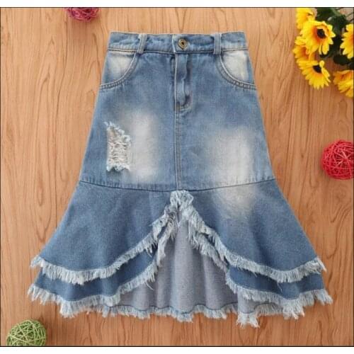 Autumn Fashion Children Girls Skirts Toddler Kids Princess Denim Ripped Hole Irregular Hem Skirts Casual Clothes Daily Wear
