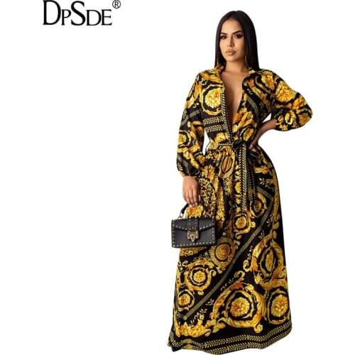 DPSDE Print Streetwear Golden Women Dress Full Sleeve Bohemian Casual Dress Turn Down Collar Autumn New 2020 Bodycon Long Dress
