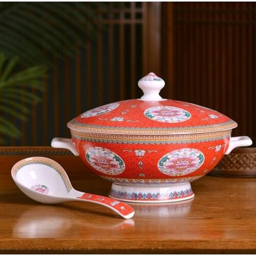 Jingdezhen Ceramic large capacity soup bowl with cover double ear Chinese Bone China soup pot pot antique tableware soup bowl