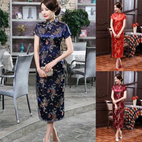 Chinese Qipao Cheongsam Dragon Phoenix Print Chinese Traditional Dress Cheongsam Side Slitting Hem Midi Dress Women Cheongsam