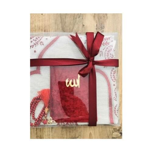 Kırmızı Müslüman İslami Hediyelik Set Yaseen Seccade Rosary Kadife Kaliteli Hac Umre Dönüşü Duası Hediyelik Set