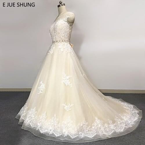 E JUE SHUNG Champagne Tulle Ivory Lace Appliques Wedding Dresses 2018 Detachable Beaded Sash Ball Gown Bridal Dress Wedding Gown