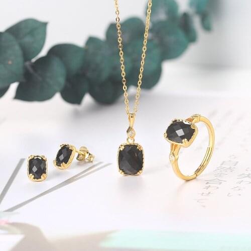 LAMOON 925 Sterling Silver Jewelry Set For Women Natural Black Agale Necklace Earring Ring 14K Gold Plated Fine Jewelry LMV067
