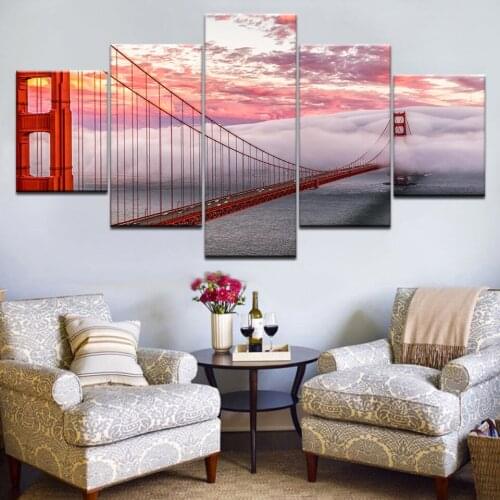 Modular Poster Wall Art Canvas HD Printed Home Decor Frame 5 Panel Golden Gate Bridge Landscape Pictures Modern Painting