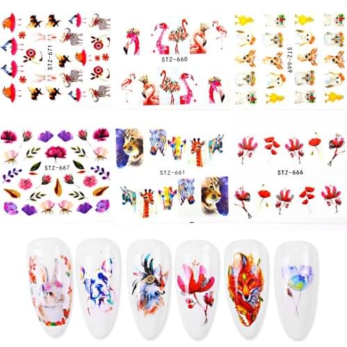 15pcs Nail Stickers Water Transfer Sticker Cartoon Flamingo Rabbit Cute Animal Designs Nail Art Slider Manicure Decoration