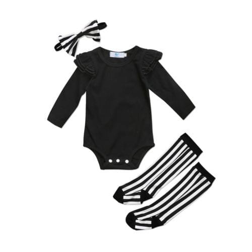 New Novelty Unisex Newborn Toddler Baby Girl Clothes Top Romper Striped Socks Headband 3pcs Outfits Set