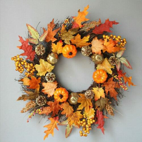 45cm Autumn Theme Door Wreath Artificial Pumpkin Berries Pine Cone Maple Rattan Wreath Garland Door Hanging Decoration