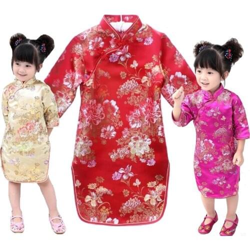 Peony Rose Baby Girls Qipao Dress 2018 Chinese Spring Festival Tribute Silk Children Chipao Cheongsam Girl Clothes Jumper Floral
