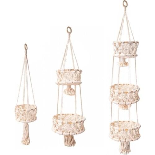 Hanging Fruit Basket Boho Decor Planter Holder Produce Baskets Hand-woven Cotton Rope Gardening Plant Hanging Rope Flower Basket
