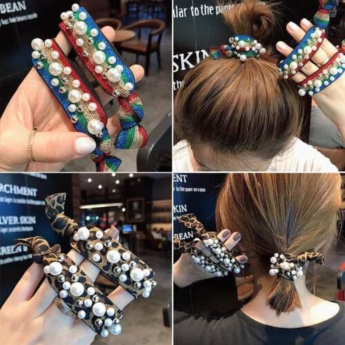 Rainbow Accesories Women Rubber Band Leopard Stripe Pearl Hair Circle Fashion Nail Bead Knotted Hair Rope Elastic Hair Bands