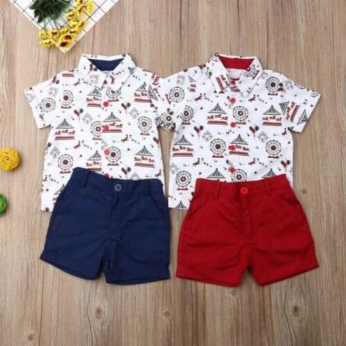 1-6years Kids Boys Clothes Set 2019 Rotating Wooden Horse Print Boys Shirt Tops Red Blue Shorts Boys Clothing Set Children Suits
