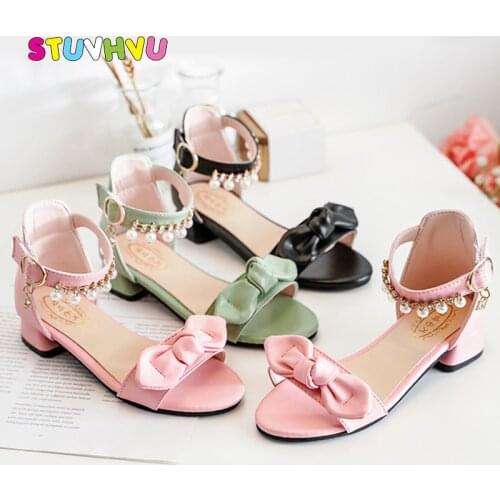 Girls High-heeled Sandals Summer Shoes 2021 New Childrens Shoes Fashion Bow Rhinestone Tassel Girls Sandals Soft Bottom Flats