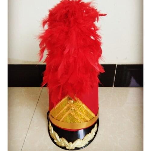 Red feather Top Hat for Children Honor Guard Drum Team Stage Performance Cap Nightclub Bar Female Singer Costume Adult Hats