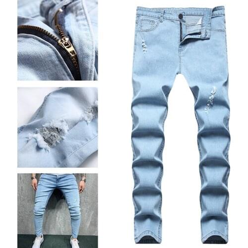 Beggar ripped jeans mens slim feet pants Korean version of the trend patch stretch mens casual trousers