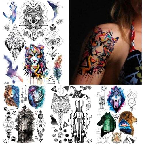 GoldOcean Black Arm Flash Tiger Women Geometric Tattoos Stickers Women Men Chest Wolf Tatto Temporary Diamond Peak Moth Tattoo