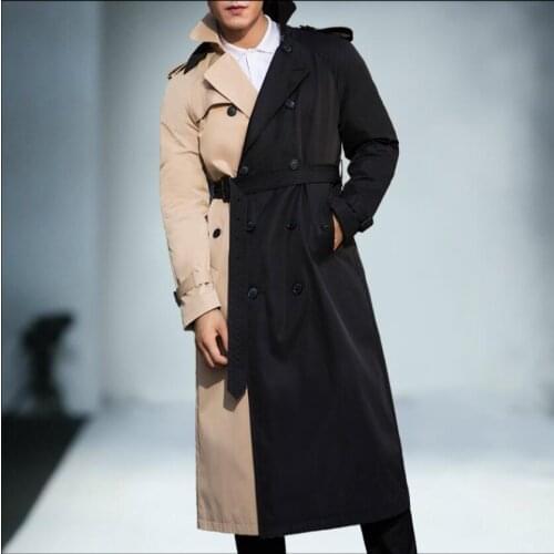 Autumn And Winter Trench Mens Korean Stitching Windbreaker Casual England Double-breasted Lapel Singer Stage Long Cloak Coat