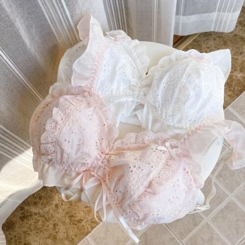 Japanese lolita cute doll girl no steel ring small breast underwear private lolita bra pure cotton breathable elastic bra set