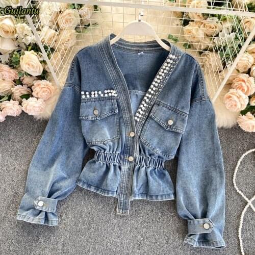 Guilantu Women Spring Autumn Denim Jacket Outerwear V Neck Beading Casual Vintage Jeans Coat Female Harajuku Short Jackets Coats