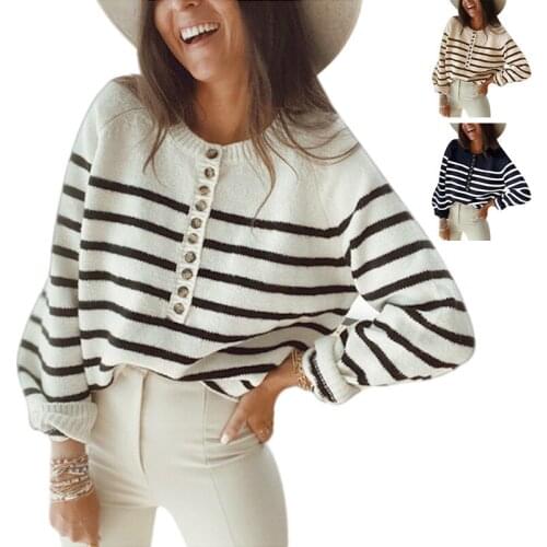 Womens Fashion Striped Sweater Autumn and Winter Pullover Long Sleeve O-neck Button Breasted Sweater 2021