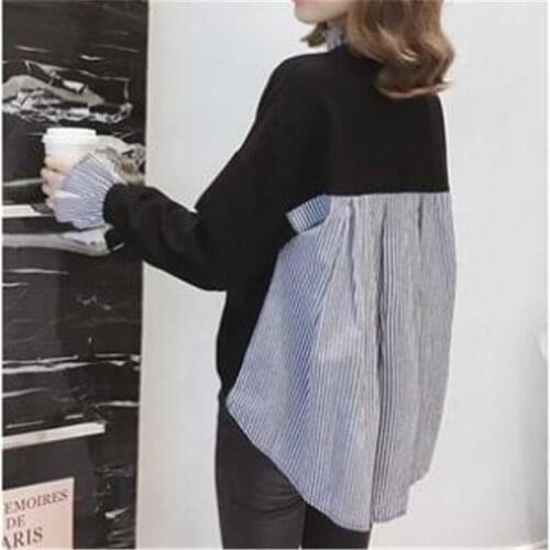 2021 Spring and Autumn New Striped Stitching Loose Lsize Trumpet Sleeve Sweater Female Student Fashion Casual Pullover Top