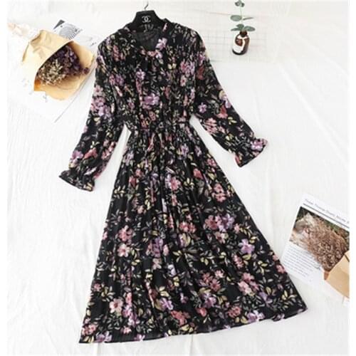 41 Color Spring Stand Collar Floral Print Women Dress Lace Up Female Pleated Dress Summer Party Midi Chiffon Vestidos femme 87