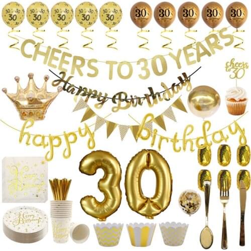 Gold 30th Birthday Banner Balloon Cupcake Topper Happy Birthday Disposable Tableware Adult 30 Year Old Anniversary Decor Supplie