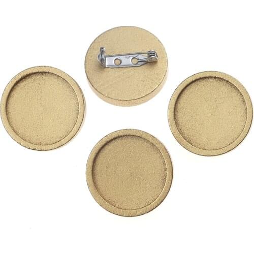 10pcs Vintage Wood Cabochon Brooch Base Settings 25mm Round Bezel Tray Diy Stainless Steel Brooches Pin for Jewelry Making Craft