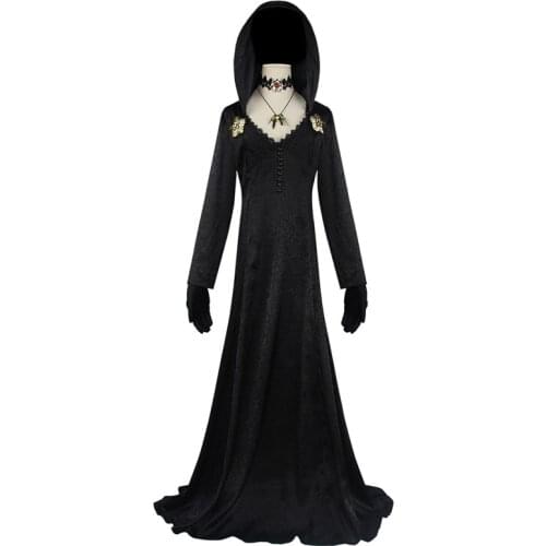 2021 Witch Vampire Halloween Scary Black Long Women Dress Cosplay Costume Party Carnival Suit with Metal Necklace Corsage Gloves