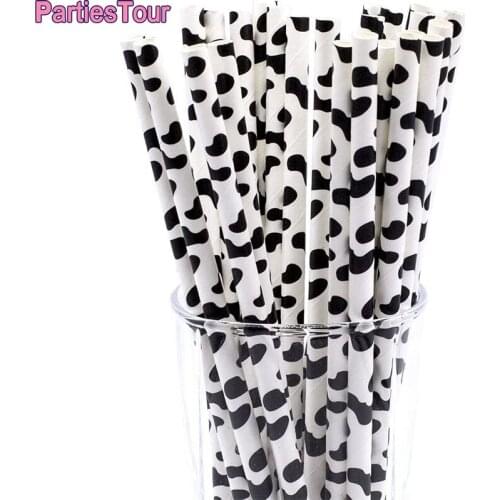 20X Cow Print Biodegradable Drinking Paper Straw Black White Straw for Farm Cow Themed Brithday Disposable Drinking Paper Straws