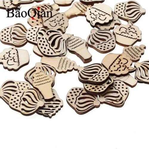 50pcs Natural Wooden Scrapbook 20-30mm Pastry Pattern Handmade Painted Stickers Diy Furniture Decoration Crafts