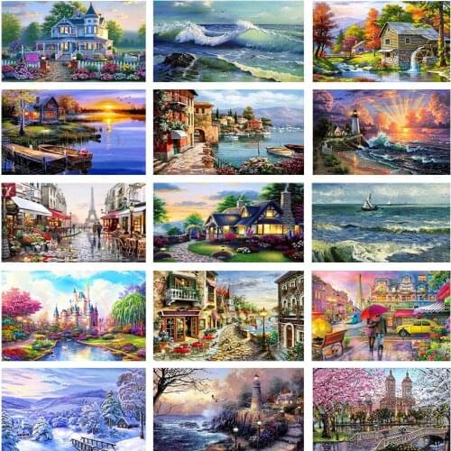 Diamond Painting Full Round Drill Forest Hut with Sea View Diamond Embroidery Mosaic Cross Stitch Kits Home Decoration Gift