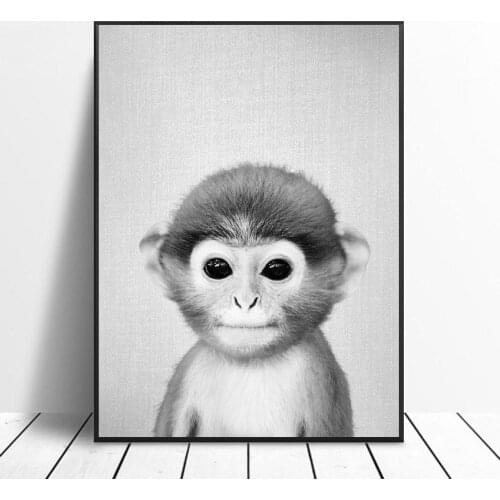 Black White Baby Monkey Canvas Painting Art Print Poster Picture Wall Modern Minimalist Bedroom Living Room Decoration
