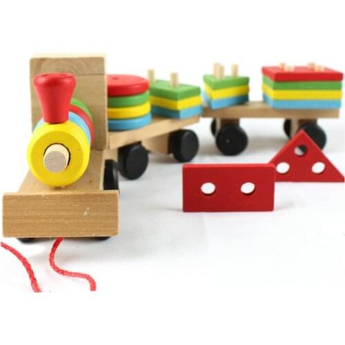 Baby Wood Trailer Toy 25 Stacking Block Train Vehicle Model Geometry Shape Colour Interconnecting Block Children Educational Toy