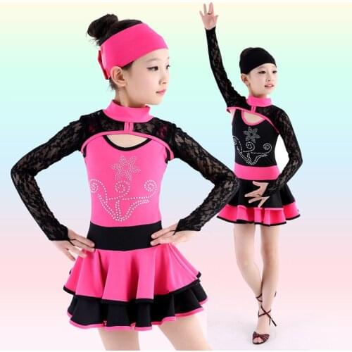 Child Professional Latin Dance Dress Practice/Competition Dance Dress for Girl Sexy Lace Long Sleeve Ballroom Dancerwear 89