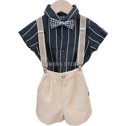 Boys School Uniform Clothing Set Kids Formal Strap+Shirt +Shorts Wedding Birthday Dress Children Piano Dance Performance Costume