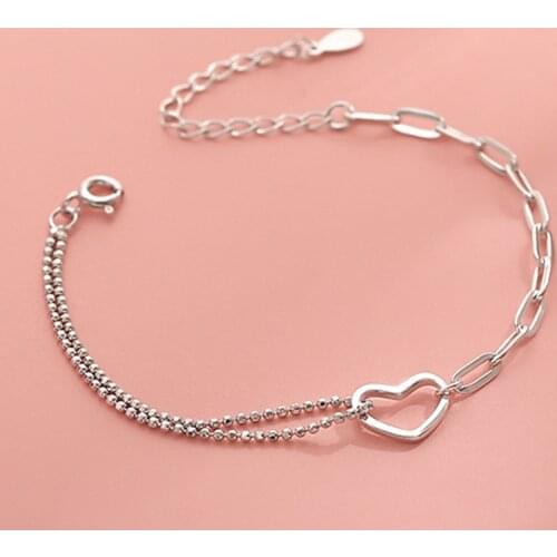 Korean 925 Sterling Silver Double Layer Heart Charm Bracelet &Bangle For Women Wedding Jewelry sl083