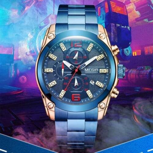 MEGIR 2063 Male Casual Fashion Quartz Watch Stainless Steel Strap 3 Dials Calender Character Leisure Men Wristwatches Clock