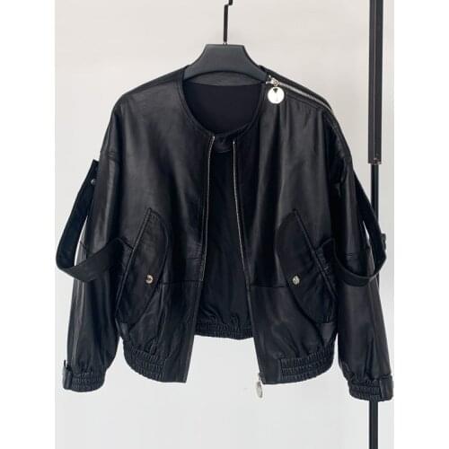 Genuine Leather 2020 Spring new leather jacket female sheepskin round neck leather jacket was thin and short locomotive jacket