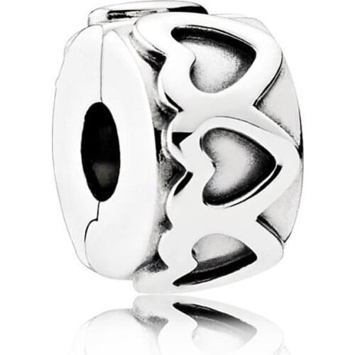 Original Row Of Linked Hearts Clip Lock Stopper Beads Fit 925 Sterling Silver Bead Charm Bracelet Bangle Diy Jewelry