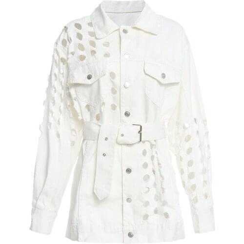 2020 Autumn Fashion Hollow Out Hole Design Turn Down Collar Women Denim Jacket Coat Chaqueta Mujer